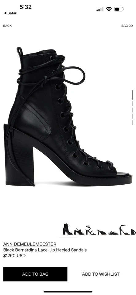 ANN DEMEULEMEESTER SANDALIA TACÓN TIRAS NEGRAS Cuero Bernadina Sandalia con cordones 39 Foto 1 de 4