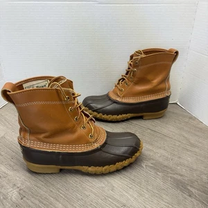 LL Bean Women's 7 Boots Duck 8" Leather Waterproof Rain Brown Blue USA Made - Imagen 1 de 5