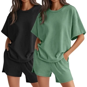 2 Pack Waffle Knit Women's Pajama Sets Lounge Cute Short Sleeve Top and Short... - Picture 1 of 6