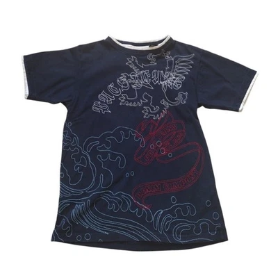 Vtg Paco Jeans T Shirt Boys Small Navy Embroidered Spell out Logo Crew Neck - Image 1 of 4