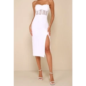 Lulus NEW Exquisitely Sultry White Lace Strapless Bustier Midi Dress Size M - Picture 1 of 12