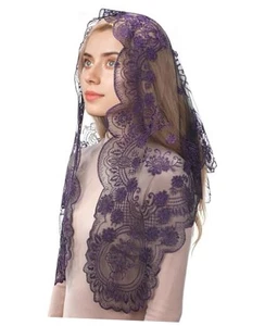Catholic Chapel Veils for Women: Christian Flower Lace Mantilla Black Purple - Picture 1 of 8
