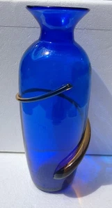 Blenko Handcrafted Hand Blown Art Glass Cobalt Blue Amber SwirlVase - Picture 1 of 14