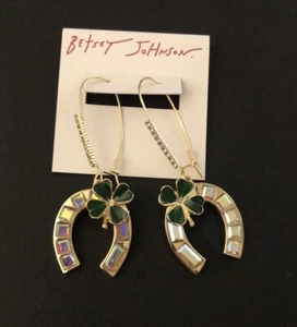 Betsey Johnson Gold Tone Lucking Out Horseshoe & Shamrock Drop Earrings NWT - Picture 1 of 12