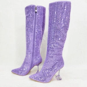Botas a la rodilla Glamour Shot Espejado Estrás Tintadas 4" Tacón de Pirámide Lila Púrpura - Imagen 1 de 12