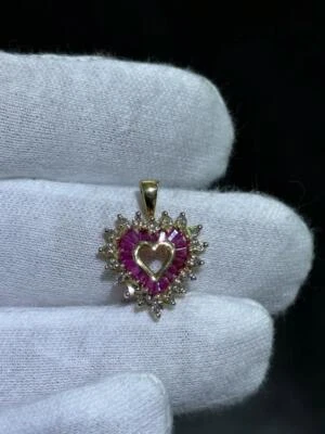 14k Yellow Gold Diamonds & Red Ruby Heart Design Charm Halo Pendant Gift - Image 1 of 4