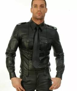 Mens Genuine Leather Cowhide Gay Police Uniform Shirt Cowhide Bluff Shirt - Picture 1 of 4