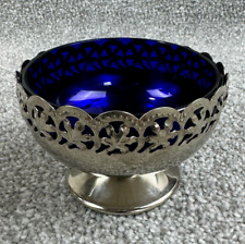 Celtic Quality Vintage Pierced Silverplate Cobalt Blue Glass Pedestal Candy Dish