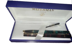 Waterman Pen Set - Green Ballpoint & Red Fountain Pen Marble France - Picture 1 of 8