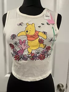 Disney Winnie the Pooh Piglet Tank Top Cream Cropped Embroidered Flowers Size M - Picture 1 of 6