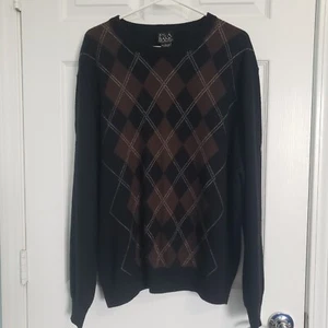 Jos A Bank Mens Argyle Sweater Size L 80% Lambswool L/S Black Grandpa Academia - Picture 1 of 7