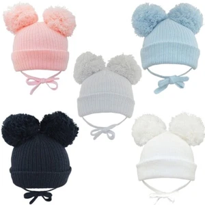 Baby Pom Pom Beanie Hat Double Bobble Cap Strap Boy Girl NB 0-3 3-6 6-12 12-18 - Picture 1 of 42