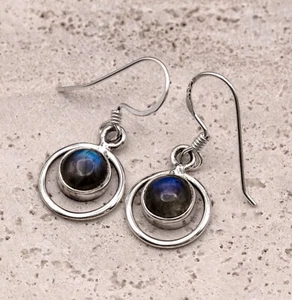 Handmade 925 Sterling Silver Labradorite Gemstone Earrings Artisan Wire Wrapped - Picture 1 of 4