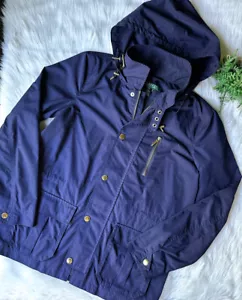 Ralph Lauren Navy Blue & Gold Hardware Rain Coat Women's M Jacket Hood Buckle - Picture 1 of 5