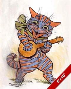 ORANGE & BLAUE KATZE SPIELT MUSIK GITARRE LOUIS WAIN GEMÄLDE KUNST ECHTER LEINWANDDRUCK - Bild 1 von 5
