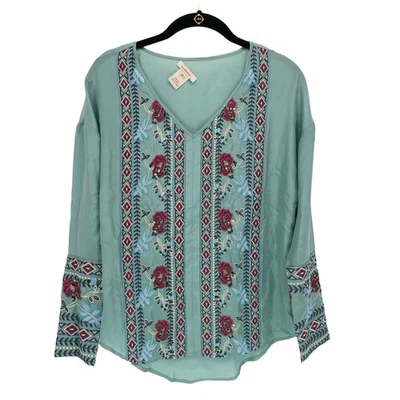 Блузка Sundance шелковый топ размер XS вышитый цветочный V шеи 100% шелк туника богемное - Изображение 1 из 4