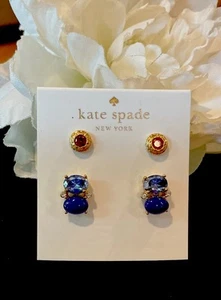 🆕 KATE SPADE BLUE CZ SHINE ON & RED ELEGANT EDGE CRYSTAL Stud Earrings✨2 PAIR✨ - Picture 1 of 9