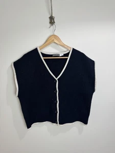 Mint Velvet Ribbed Knit Waistcoat Size L Wool Blend Navy Cream Trim Minimal - Picture 1 of 8