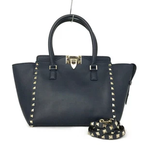 VALENTINO Garavani Rock Studs Leather 2way Tote Hand Bag Navy blue/8BE0426 - Picture 1 of 15