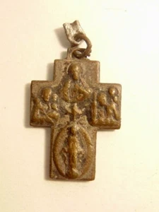 old tarnished silver colored cross medal,  4 Christian medallions on each side - Picture 1 of 6