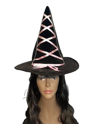 Sombrero de bruja de terciopelo con cordones cinta rosa NUEVO Foto 1 de 3