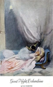 Ilustración de revista W E Webster Good Night Columbine romántico arlequín 1927 - Imagen 1 de 1