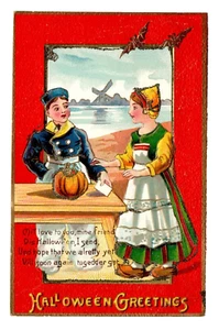 c1910 niederländisches Paar Matrose Kürbis Fledermäuse Halloween Postkarte Windmühle Vintage Holzschuh - Bild 1 von 2