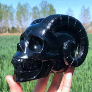 2.64LB Natural Obsidian Sheep Skull Carved Quartz Crystal Reiki Decor XK3340 - Picture 1 of 22