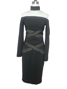 MOSSMAN black long sleeve off shoulder dress women size 8 cocktail choker collar - Picture 1 of 9