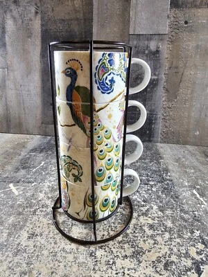 Pier 1 One进口孔雀杯和马克杯套装带机架堆叠  — 第 1/4 张图片