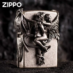 Genuino Zippo Antiguo Plata Ángel y Demonio Amor Queroseno Encendedor Regalos de San Valentín - Imagen 1 de 16