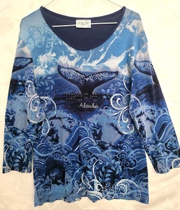 Camicia CACTUS BAY APPAREL blu strass ALASKA WHALE TOP made USA taglia XXL - Foto 1 di 9