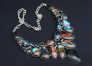 Natural Labradorite Gemstone 925 Sterling Silver Jewelry Necklace Size-18 - Picture 1 of 9