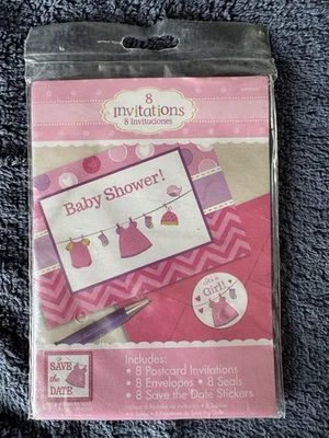 Baby Shower! Girls Clothes Hanging 8 Invitations Postcards with Seals Pink - Image 1 of 2