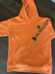NWOT Carhartt Youth 7 Hoodie Sweatshirt Orange Sleeve Spelll Out Logo Fleece NEW - Picture 1 of 10