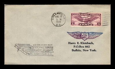 DR JIM STAMPS US COVER FIRST AIR MAIL FLIGHT GREENVILLE SOUTH CAROLINA - Image 1 of 2
