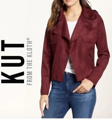  Chaqueta de Moto Kut From The Kloth Jacee Imitación Gamuza Borgoña Drapeada Talla XL Foto 1 de 4