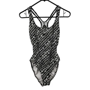Traje de baño Speedo talla 6 de una pieza negro blanco estampado espalda deportiva estante incorporado - Imagen 1 de 3