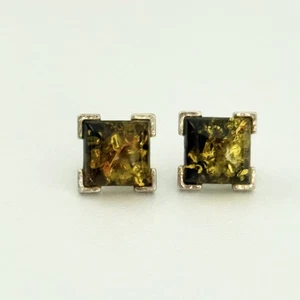 Vintage 925 Sterling Silver Genuine Green Amber Stone Square Post Stud Earrings - Picture 1 of 9