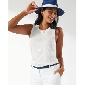 Tommy Bahama Tanktop Damen XS elfenbein Leinen Pailletten Blätter ärmellos Resort neu mit Etikett - Bild 1 von 8