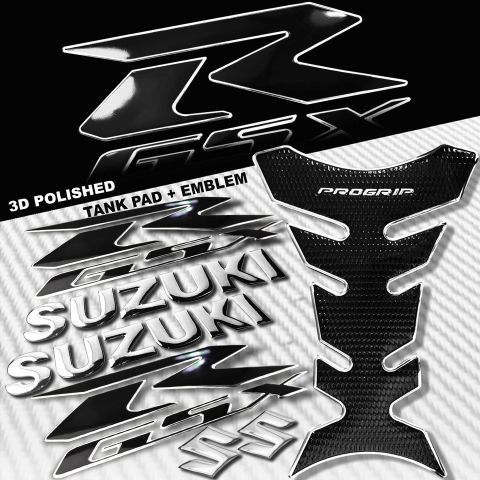 ALMOHADILLA PARA TANQUE DE COMBUSTIBLE 2 TONOS CROMO PRO GRIP + 6" LOGOTIPO 3D SUZUKI + KIT DE PEGATINAS EMBLEMA GSXR Foto 1 de 4