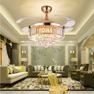 42" Rose Gold Invisible Ceiling Fan Lamp Remote LED Crystal Lighting Chandeliers - Picture 1 of 11