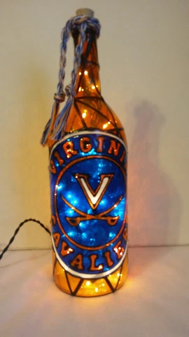 Virginia Cavaliers Inspiered Hand Painted Lighted Wine Bottle Stained Glass look Cover
