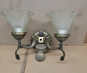 Vintage Cast Bronze Koi Fish Wall Sconce Electric Light Fixture w/ Glass Shades - Picture 1 of 18
