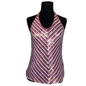 DKNY Top S Vintage Silk Stripe Sequin Halter Red Blue White Lined - Picture 1 of 5