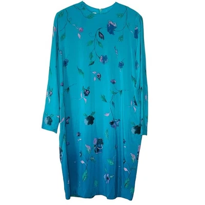 Vintage Silk Dress Anne Crimmons Umi Collectiions 16 Ombre Blue Floral Shift - Image 1 of 4
