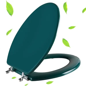 Dark Green Elongated Wood Toilet Seat with Zinc Alloy Hinges Easy Install Clean - Picture 1 of 6