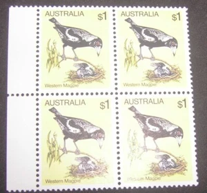 Australia Stamp, $1 BIRD WESTERN MAGPIE, MNH 1980, BLOCK of 4 - Picture 1 of 1