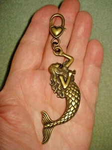 4" Drop Dangle Brass Mermaid Heart Charm Key Ring Purse Glitz - Picture 1 of 5