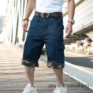 New Mens Baggy Loose Denim Shorts Hip Hop 3/4 Length Jeans Roll Up Multi Pocket - Picture 1 of 27